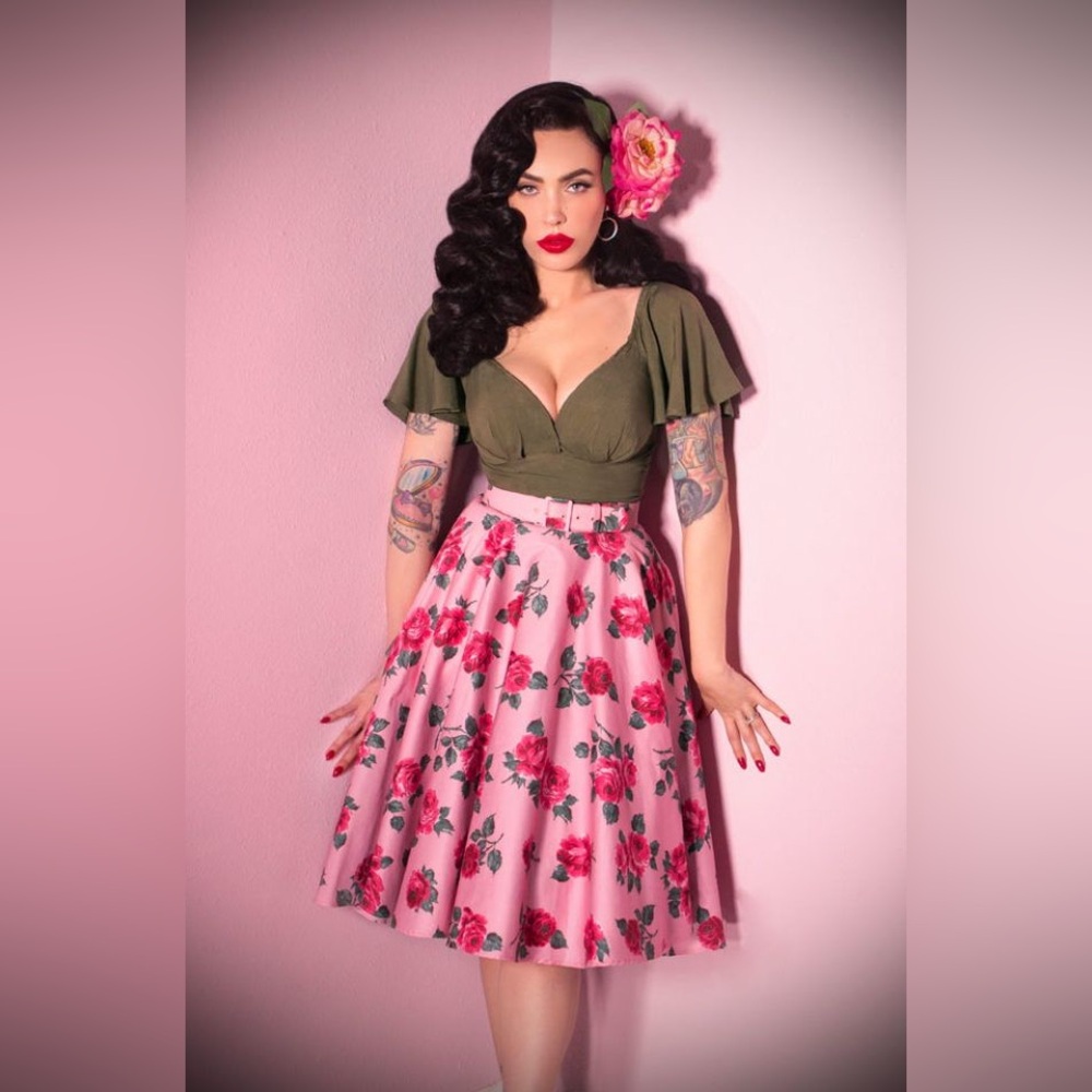Vixen Swing Skirt in Pink Vintage Roses print